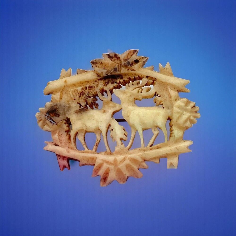 Exquisite Antique Hand Carved Deer Antler Stag Brooch